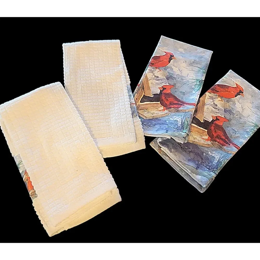 RARE Lot 4 Judy Buswell Print Red Cardinal Bird Waffle Weave Kitchen Hand Towels